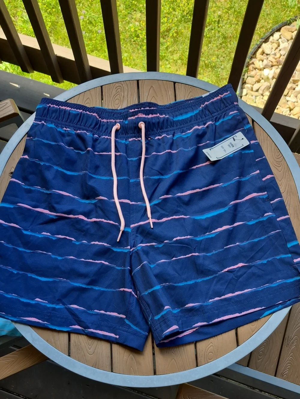 George Men's Medium Navy Blue Striped Swim Trunks with Drawstring - New
